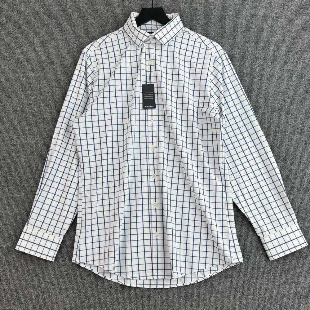 Mizzen + Main Leeward Button Up Shirt Mens L Trim White Blue Plaid 1WS-0914 NWT